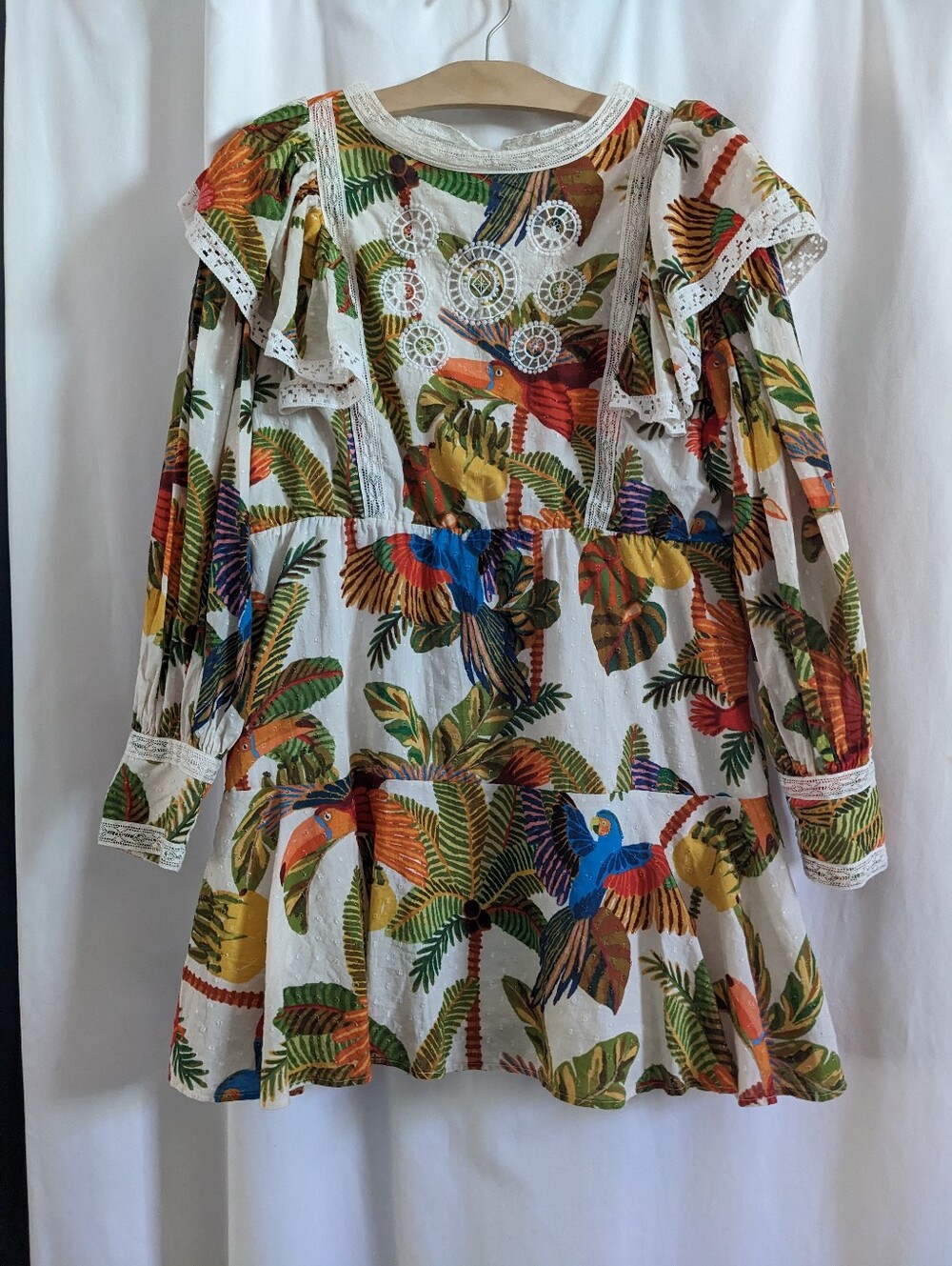 Farm Rio Off-White Forest Birds Mini Dress Tropical Bird Print Cotton Size XL